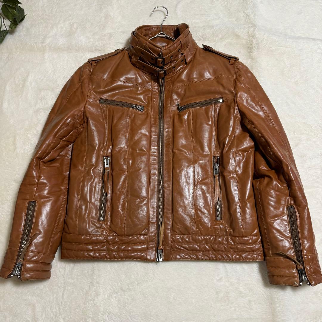 美品　harfu 馬革レザー　ダウンライダースジャケット　メンズXLキャメル