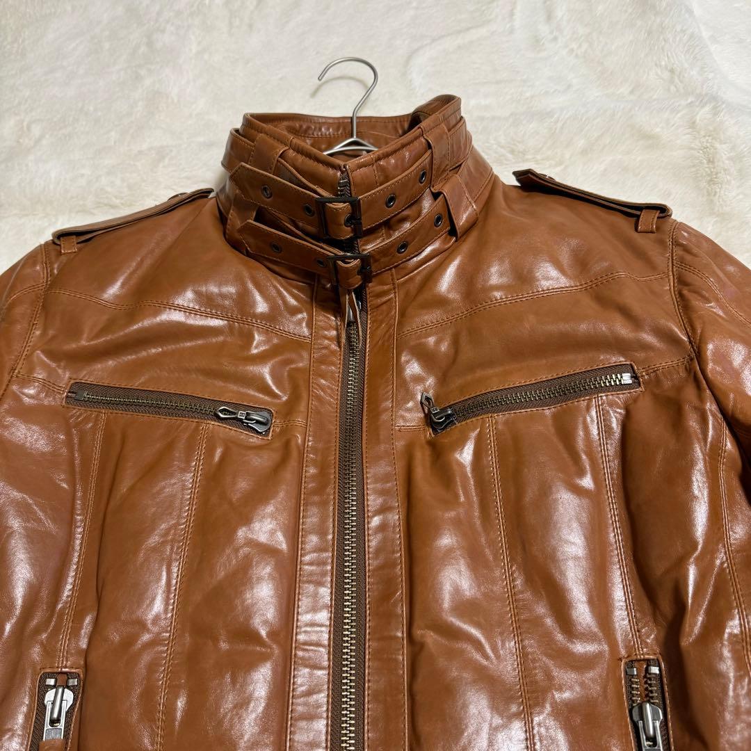 美品　harfu 馬革レザー　ダウンライダースジャケット　メンズXLキャメル