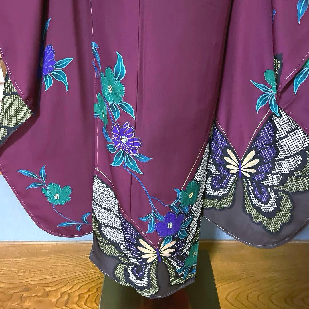 振袖フルセット　プラスサイズ友禅　成人式振袖　振袖　裄丈71 しつけ糸付き