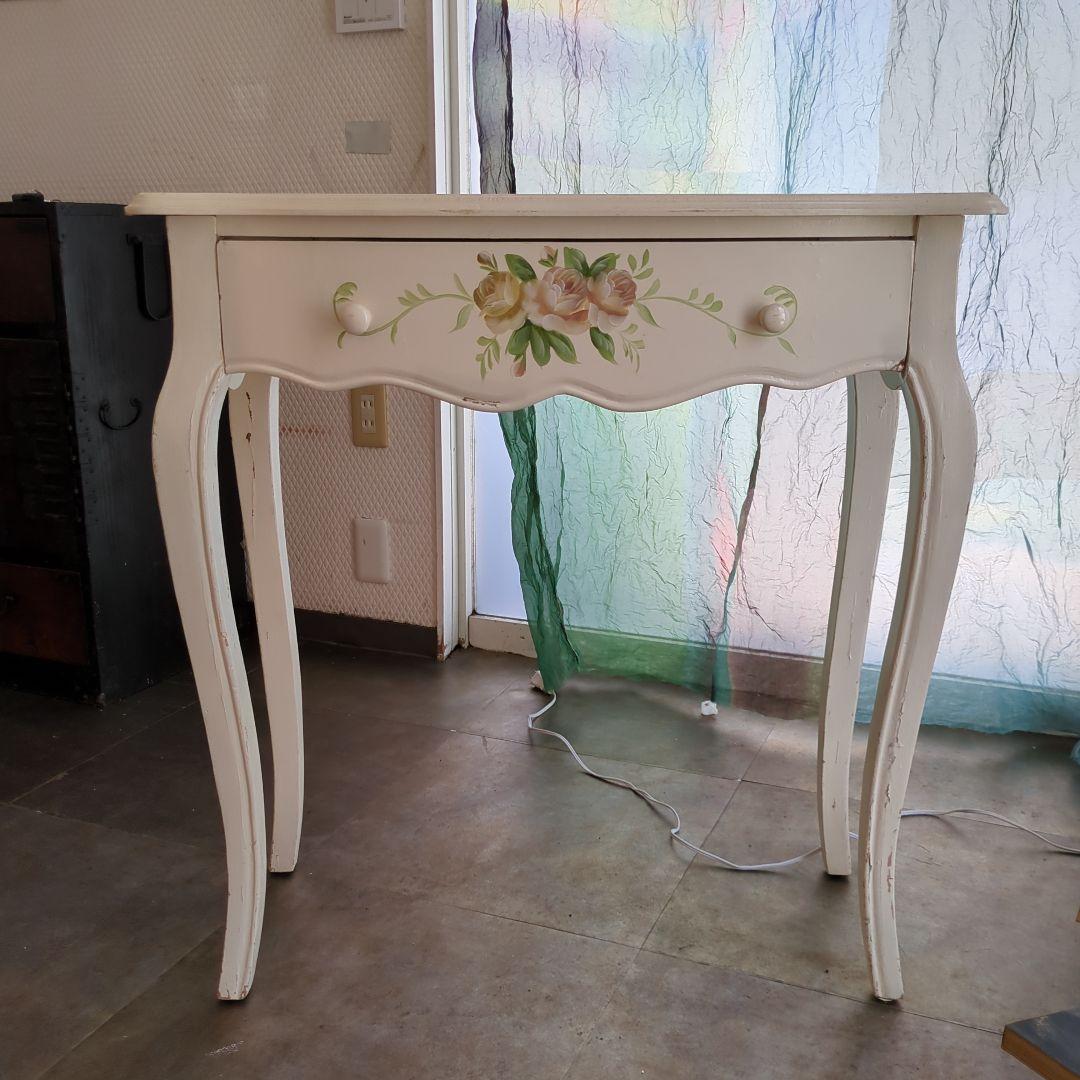 ホワイト バラ サイドテーブル ロココ調 猫脚 引き出し 木製 薔薇