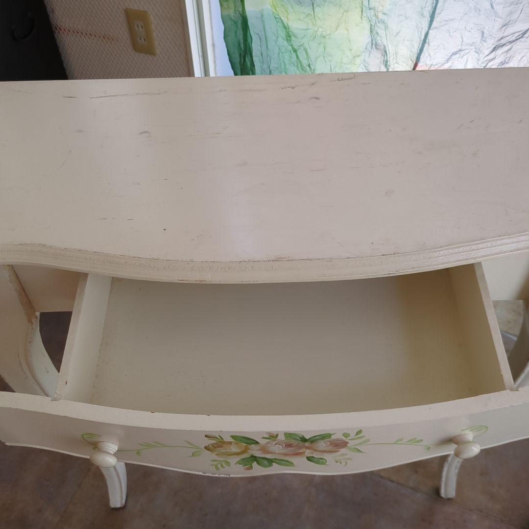 ホワイト バラ サイドテーブル ロココ調 猫脚 引き出し 木製 薔薇