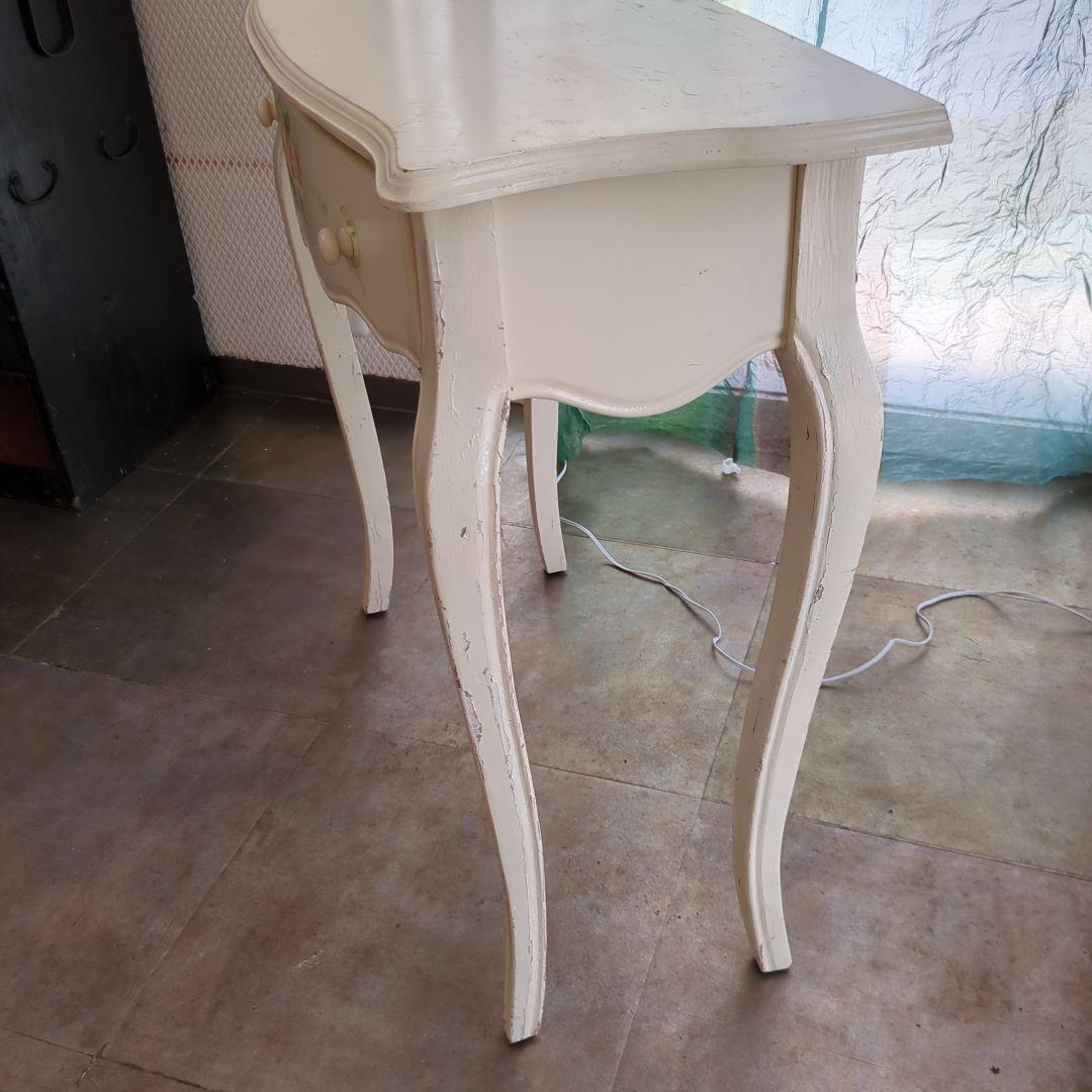 ホワイト バラ サイドテーブル ロココ調 猫脚 引き出し 木製 薔薇