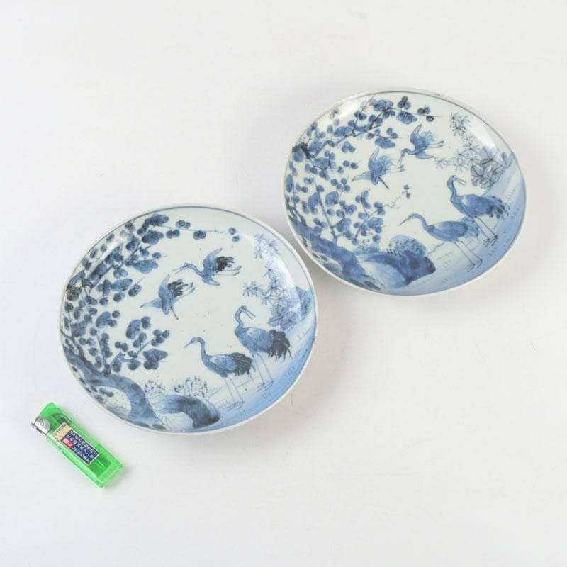 中国　青花　花草鳥文盤　皿　一對　在銘　C　9290