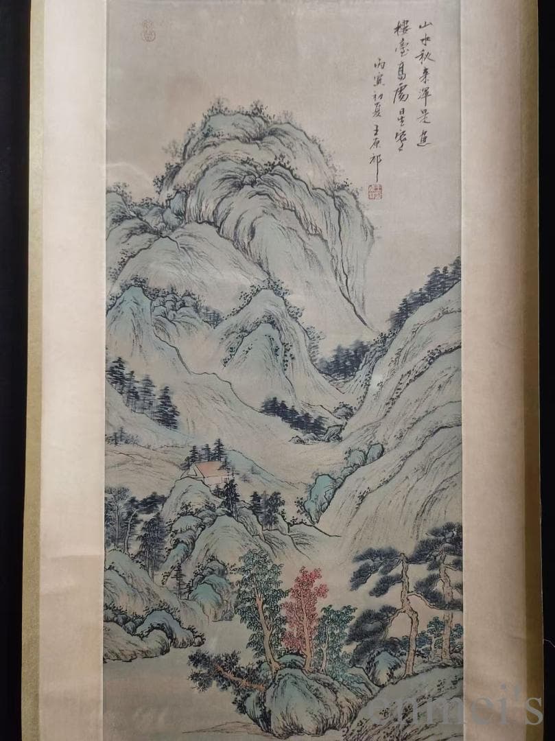 中国古美術.王原祁款.山水図.宣紙画.三尺手描き.肉筆.掛け軸.水墨画.文房置物