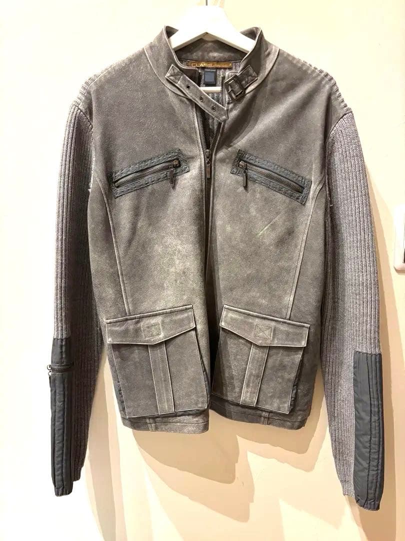 大幅値下げ　美品　ロベルトカバリ　レザー　ニット　ジャケット　Lサイズ