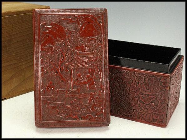 茶道具 堆朱 楼閣人物紋 茶通箱 時代物(K-XA948)