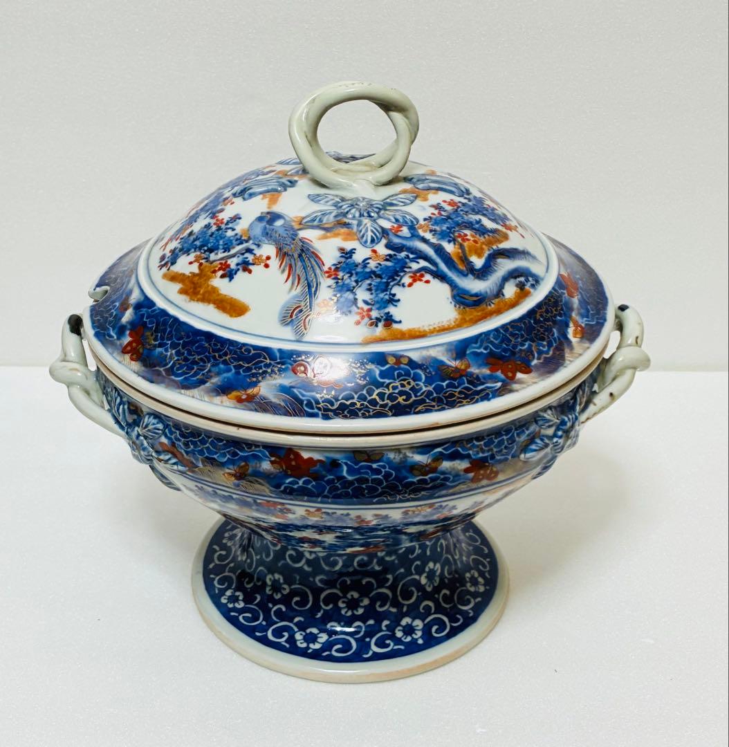 希少 明治有田焼 初代 南里嘉十 染錦上絵金彩花鳥文 スープチューリン