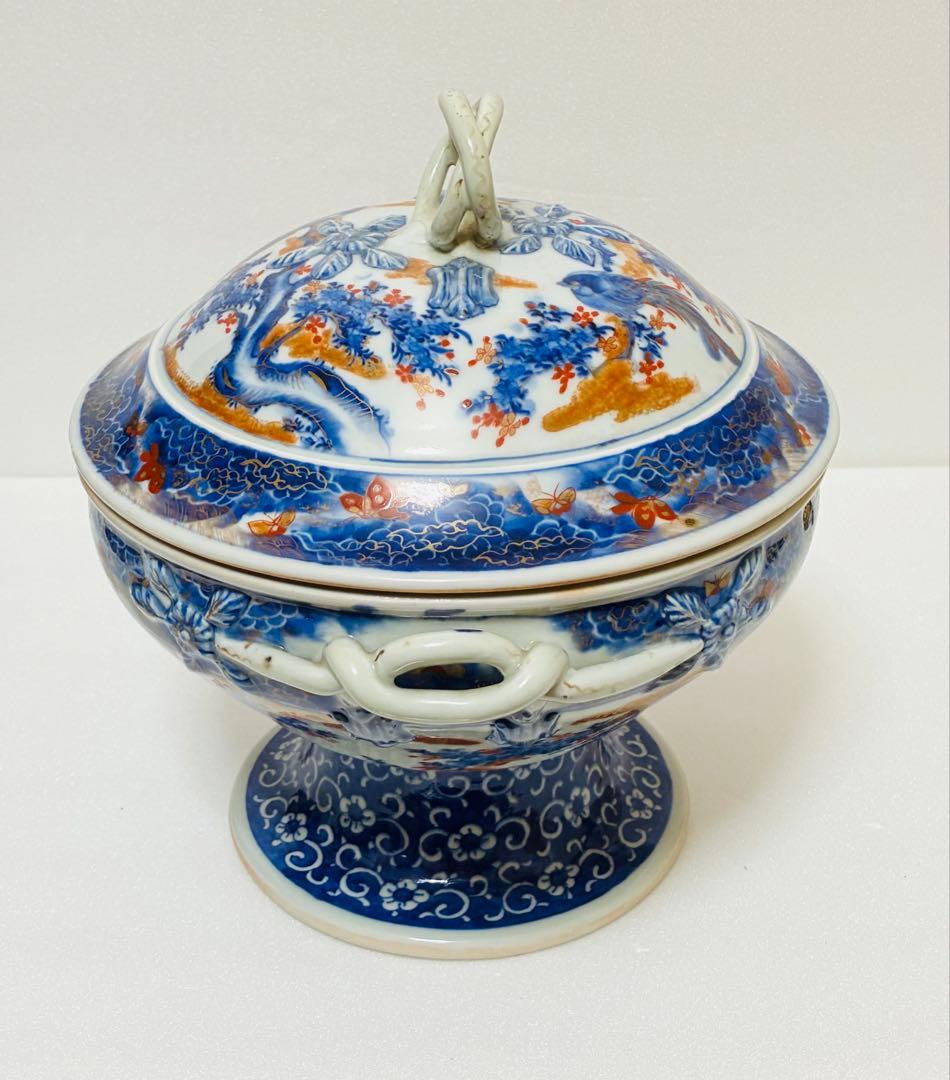 希少 明治有田焼 初代 南里嘉十 染錦上絵金彩花鳥文 スープチューリン