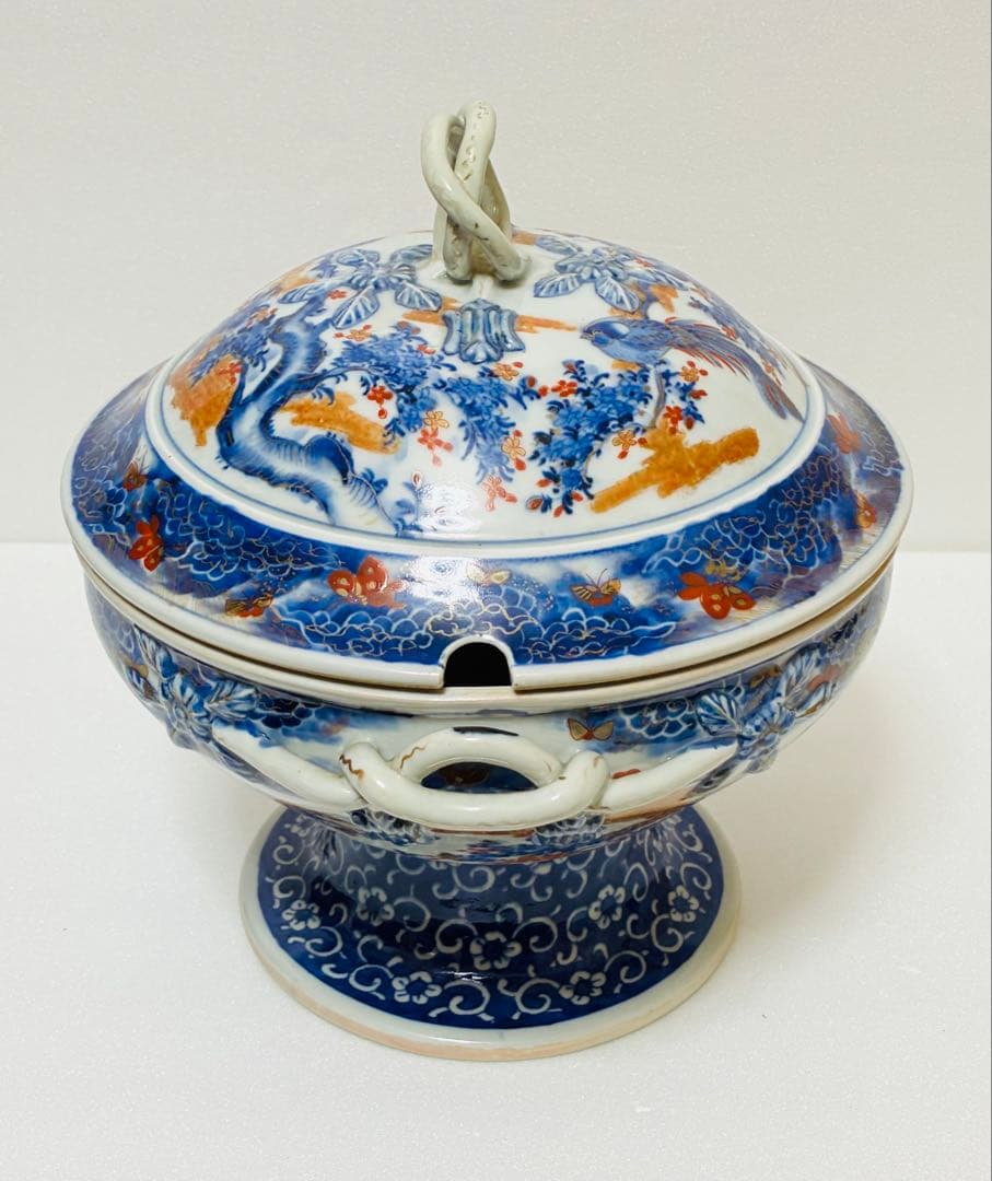 希少 明治有田焼 初代 南里嘉十 染錦上絵金彩花鳥文 スープチューリン