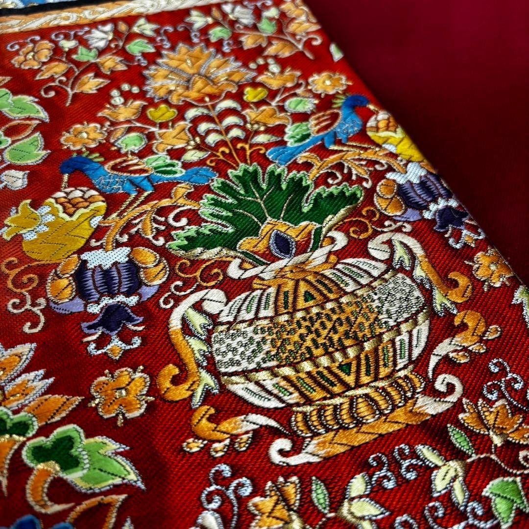 高級　更紗袋帯 華やかな刺繍 袋帯 100%絹　美術織物　豪華刺繍帯