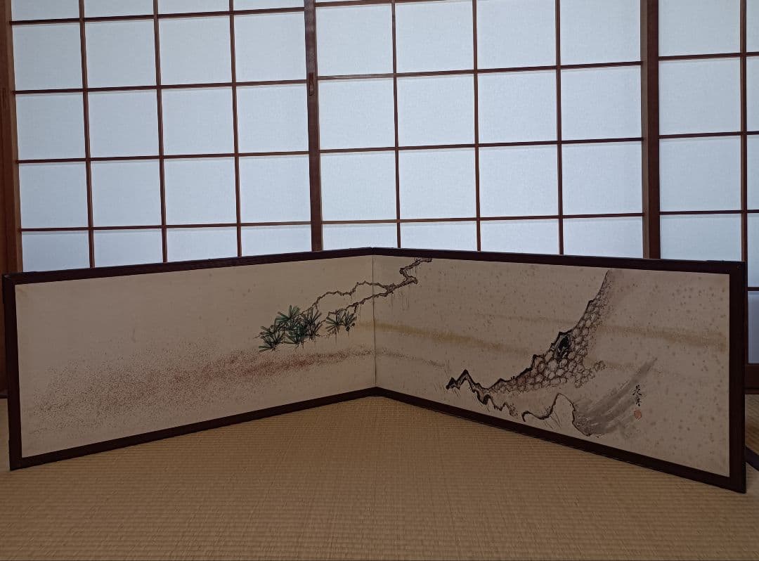 古画 柴田是真筆 円山四条派 帝室技芸員 老松図風呂先屏風 桐屏風箱入