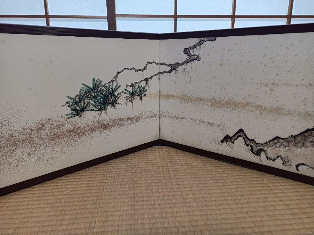 古画 柴田是真筆 円山四条派 帝室技芸員 老松図風呂先屏風 桐屏風箱入