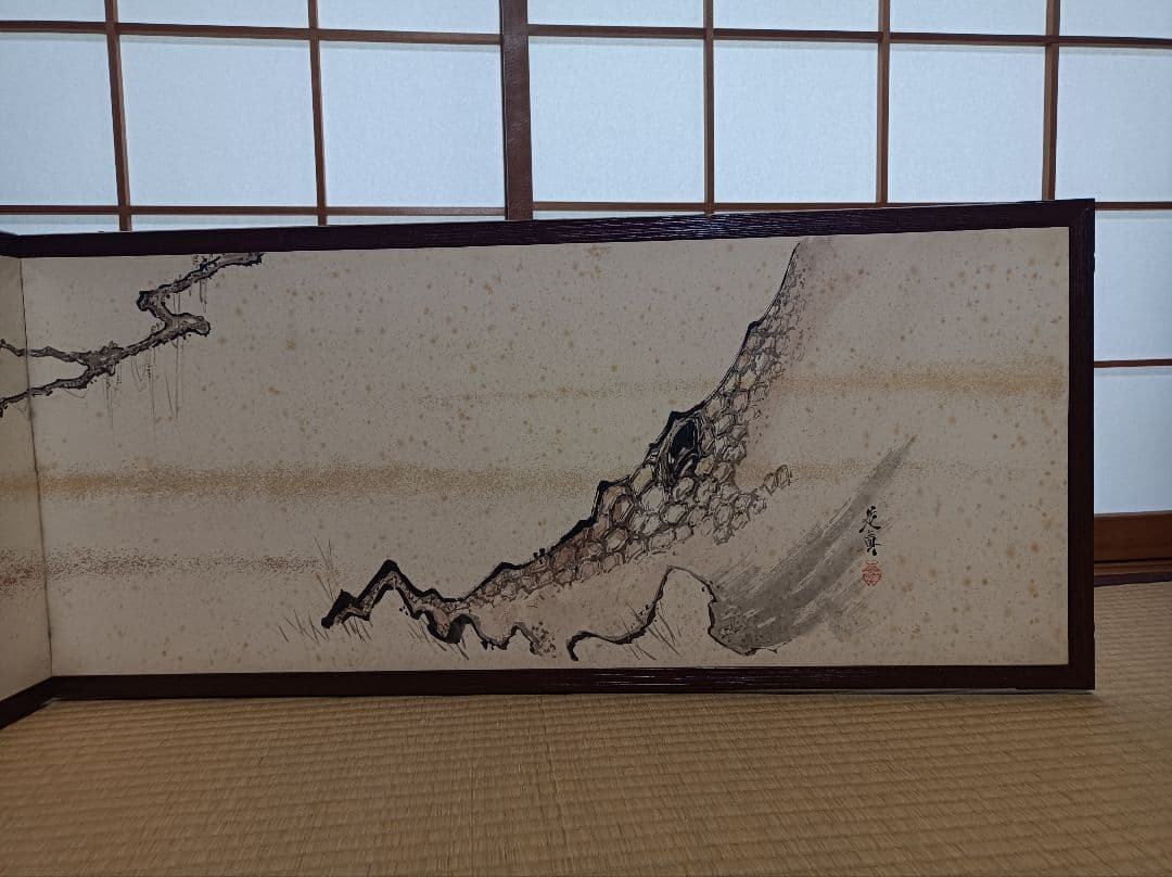 古画 柴田是真筆 円山四条派 帝室技芸員 老松図風呂先屏風 桐屏風箱入