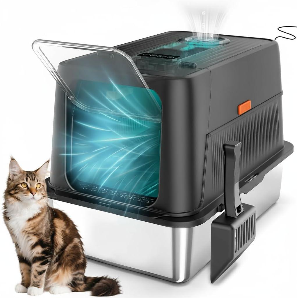 猫❣️トイレ 自動脱臭 大型 深型 猫砂盆 本体ステンレス 自動空気清浄機能付き