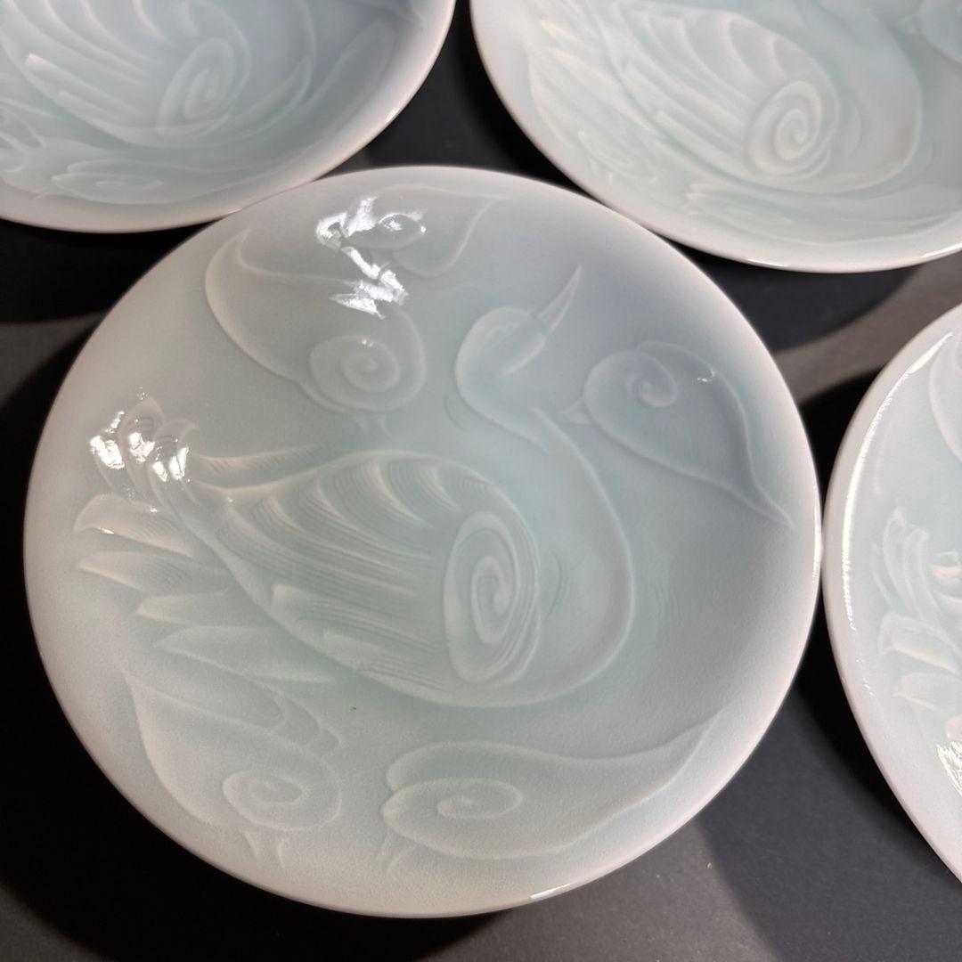 人間国宝　塚本快示　快山窯　青白磁　水鳥文　鉢　共箱