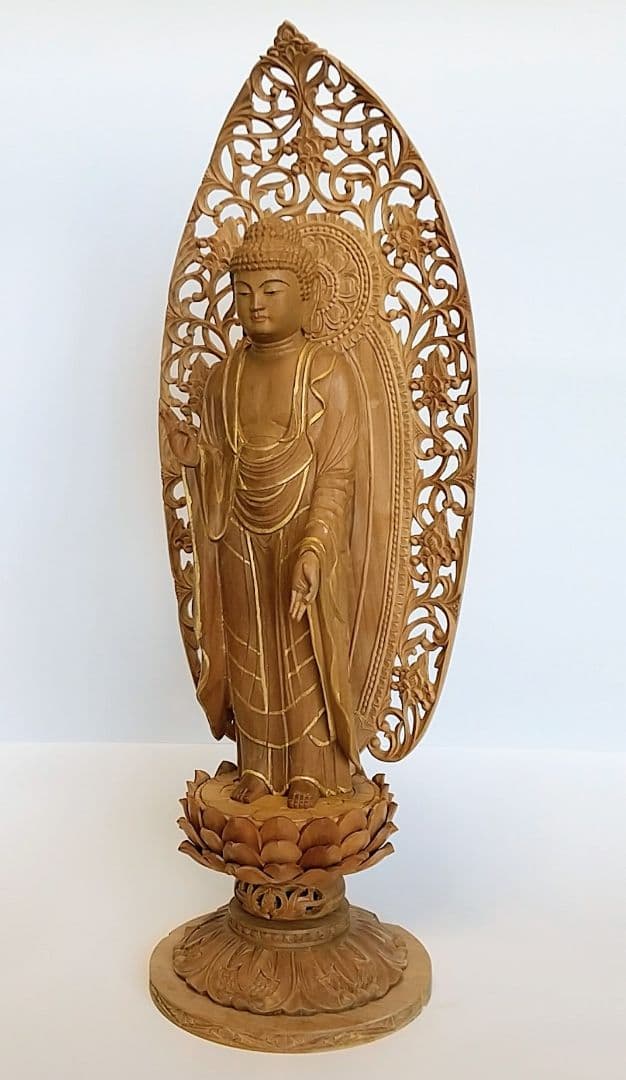 阿弥陀如来立像 5寸 #661 円台座 宝相華唐草 透彫り◆白檀 木彫 仏像