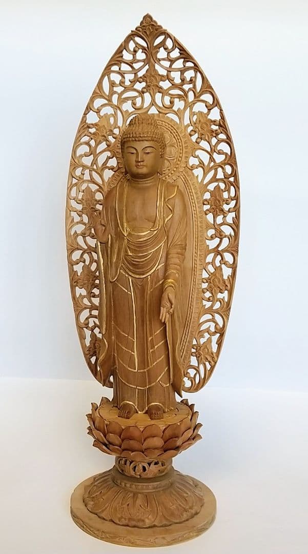 阿弥陀如来立像 5寸 #661 円台座 宝相華唐草 透彫り◆白檀 木彫 仏像