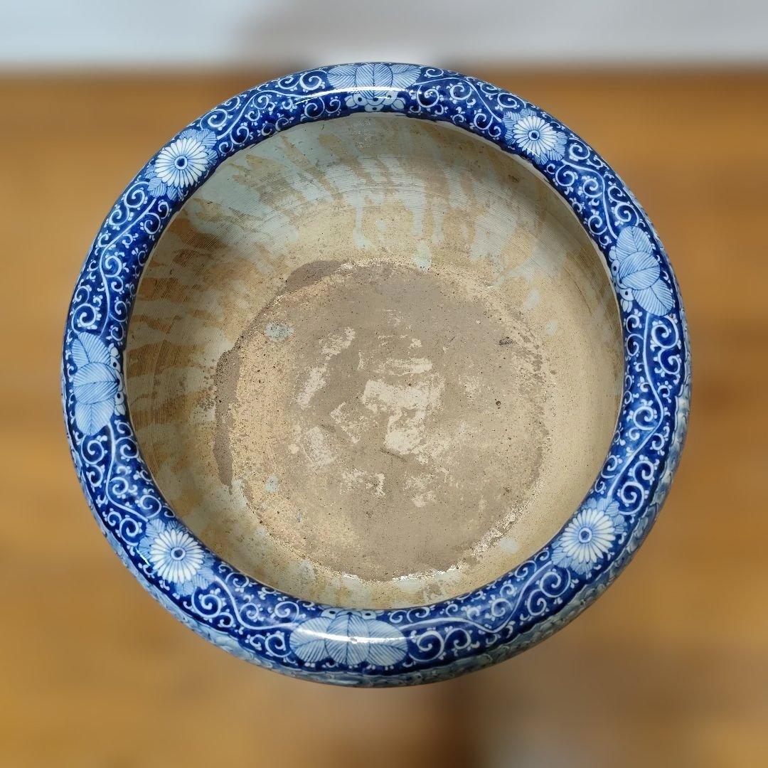 藍 手描きの雲龍模様 陶器 大きな火鉢