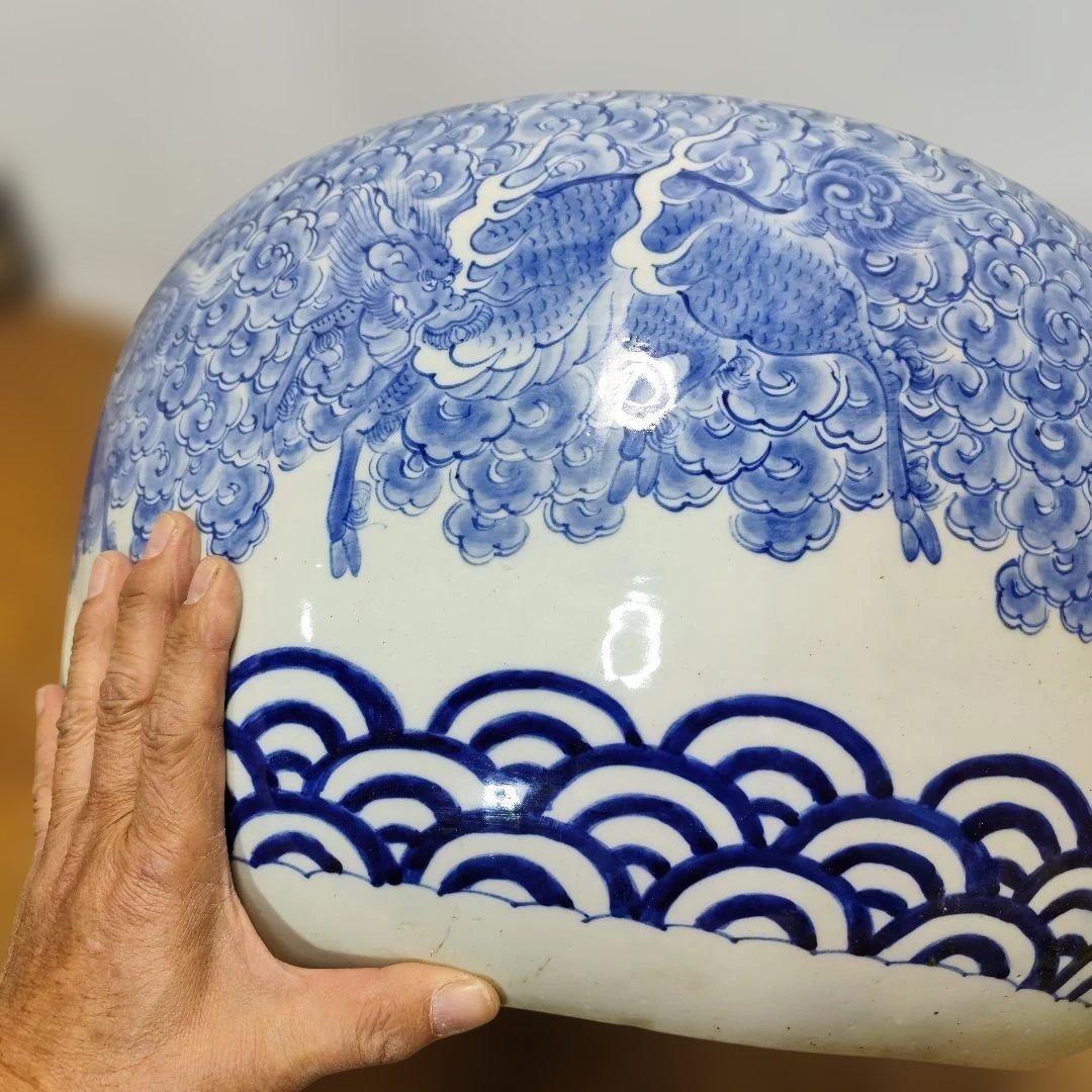 藍 手描きの雲龍模様 陶器 大きな火鉢