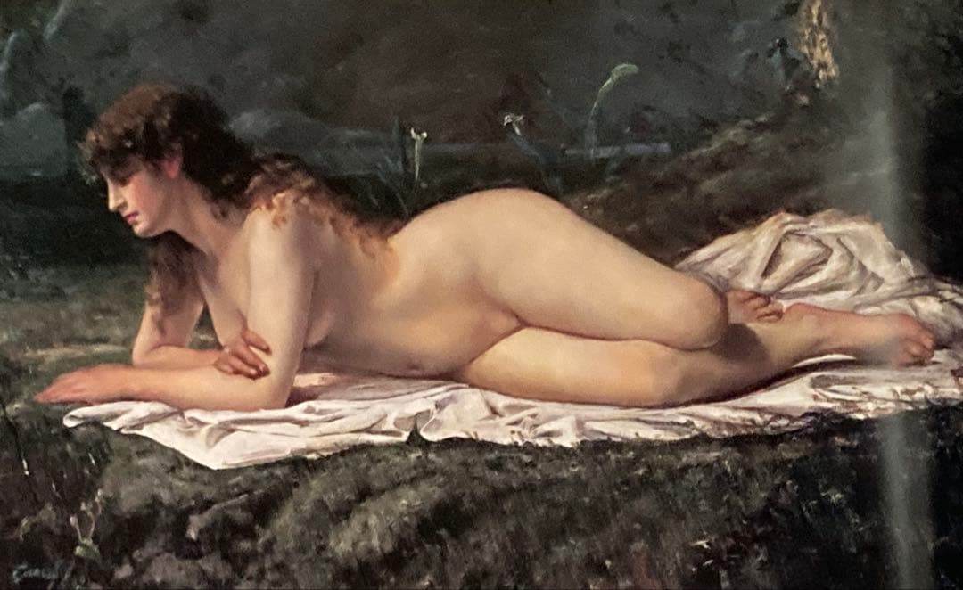 絵画/人物画/山本芳翠 [横たわる裸婦] M12号/油彩画/画集付き/豪華額装品