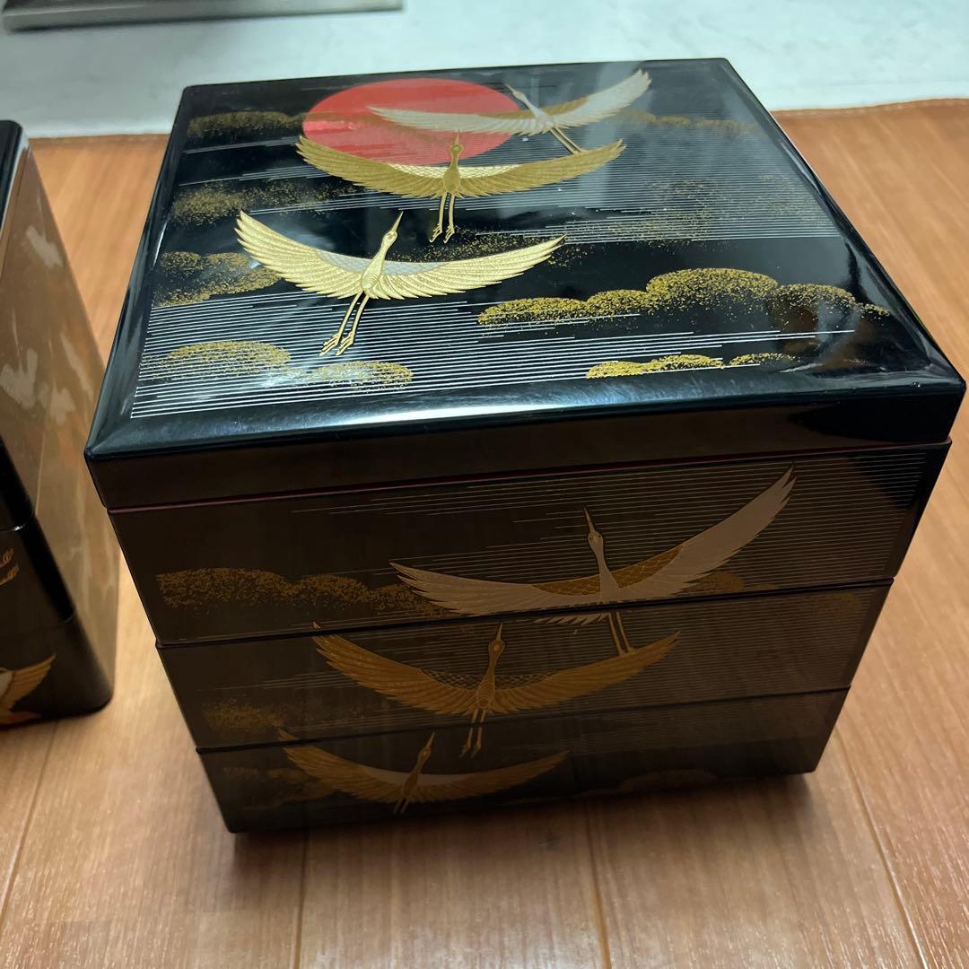 重箱 鶴と扇の装飾、3個セット