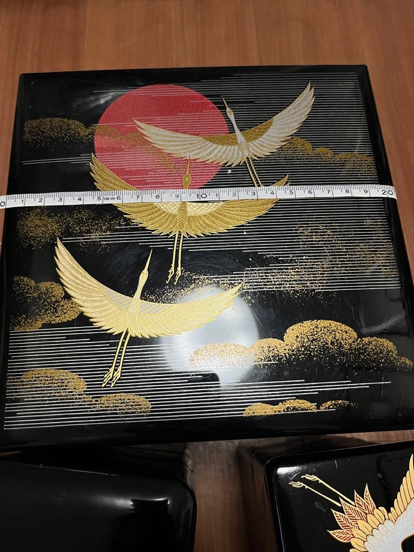 重箱 鶴と扇の装飾、3個セット