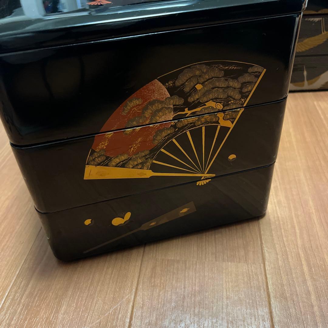 重箱 鶴と扇の装飾、3個セット