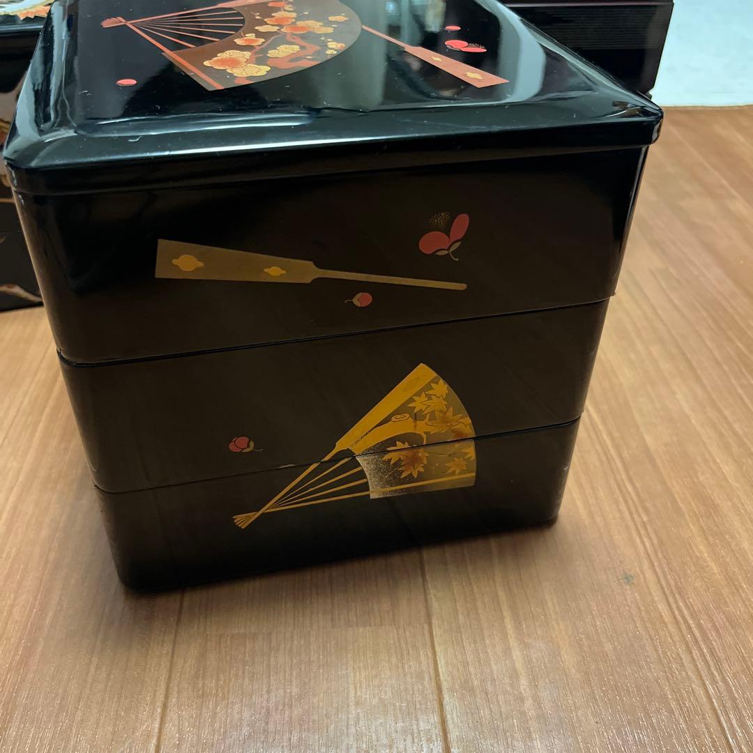 重箱 鶴と扇の装飾、3個セット