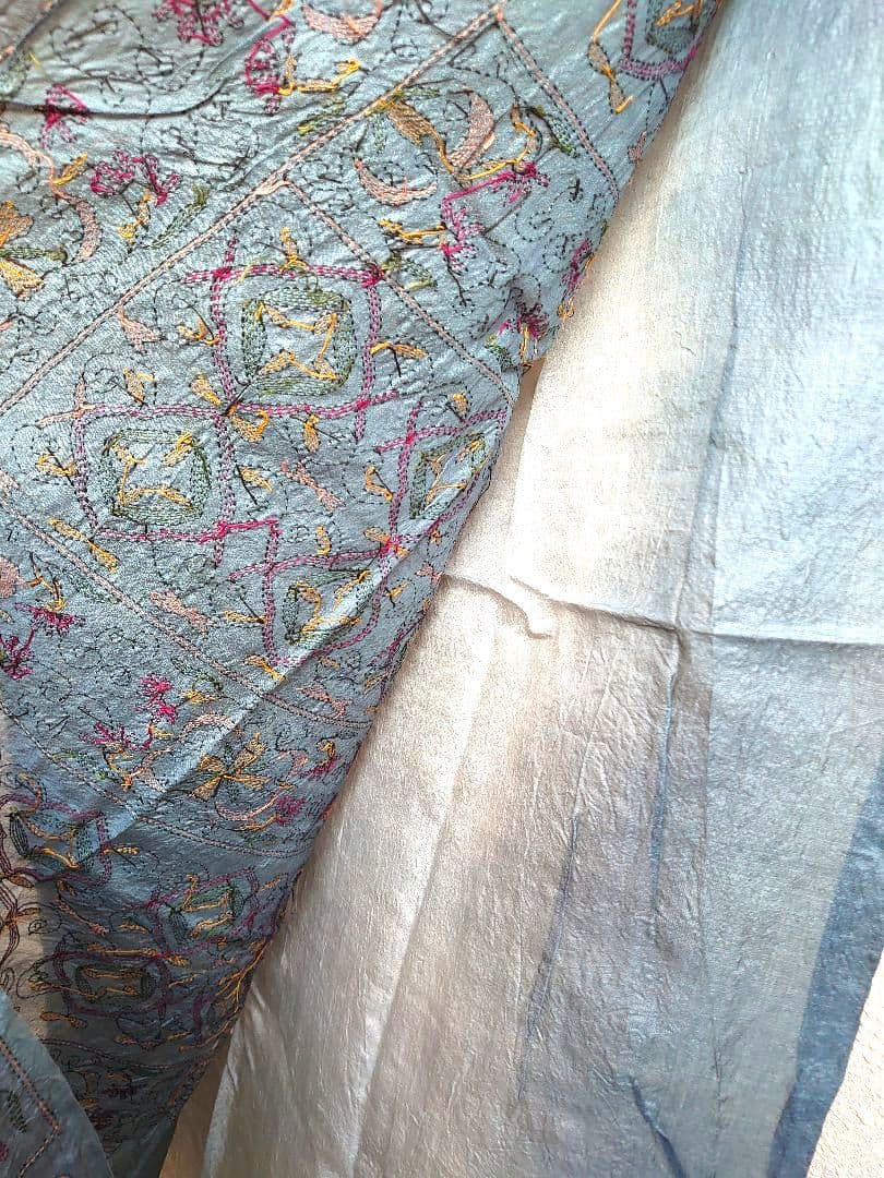 超希少　インド　カンタ刺繍サリー　BL