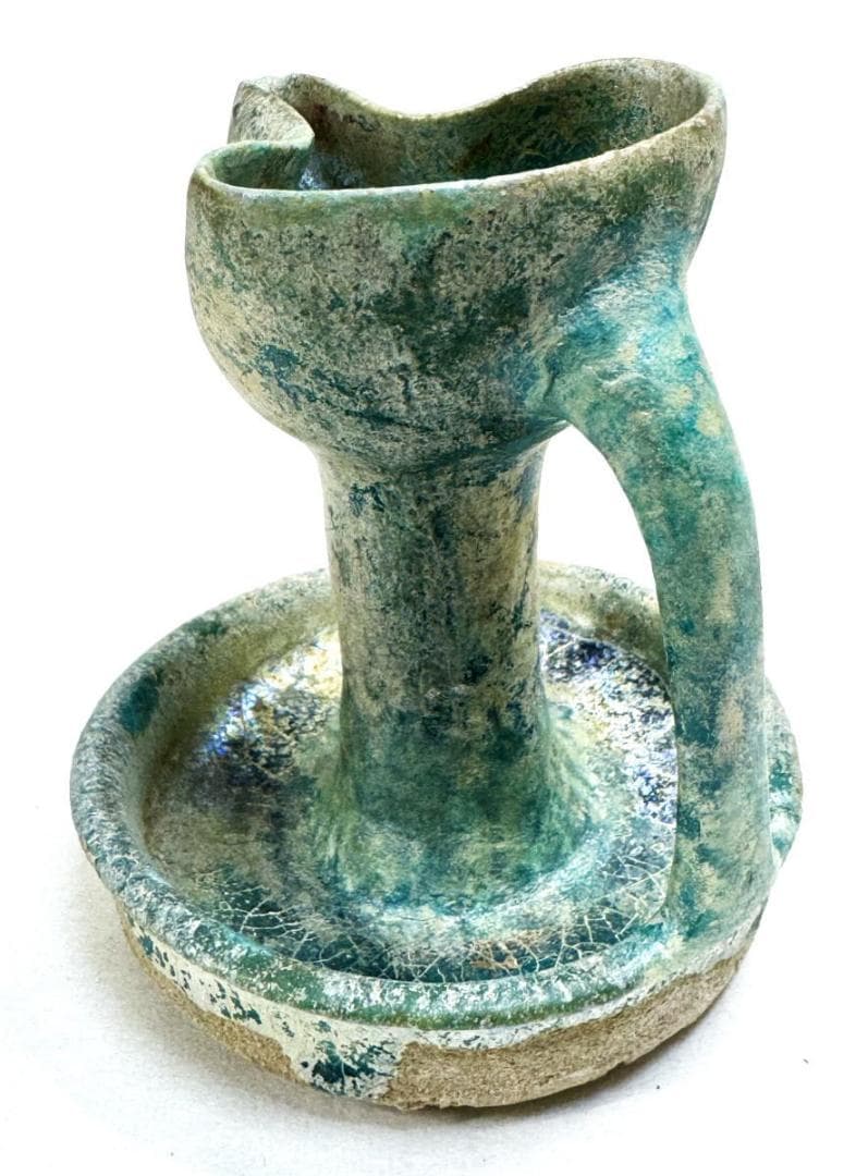 古代イラン・ペルシャ古陶 青釉銀化灯火器 箱付 古美術 古玩 骨董WWTT231