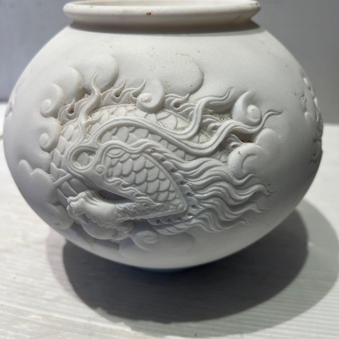白　大理石　ドラゴン　彫刻　オブジェ　花器　壺　インテリア　希少