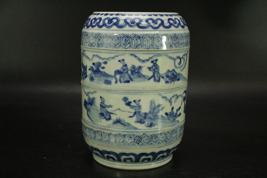 中国美術 青花 人物画 丸段重(LC827)