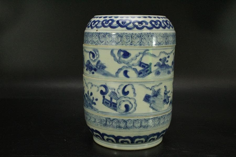 中国美術 青花 人物画 丸段重(LC827)