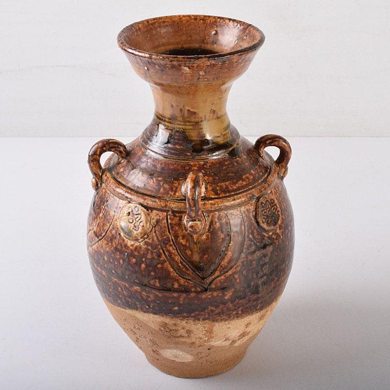 中国　遼褐釉　花文　四耳碗口壷　V　R8153