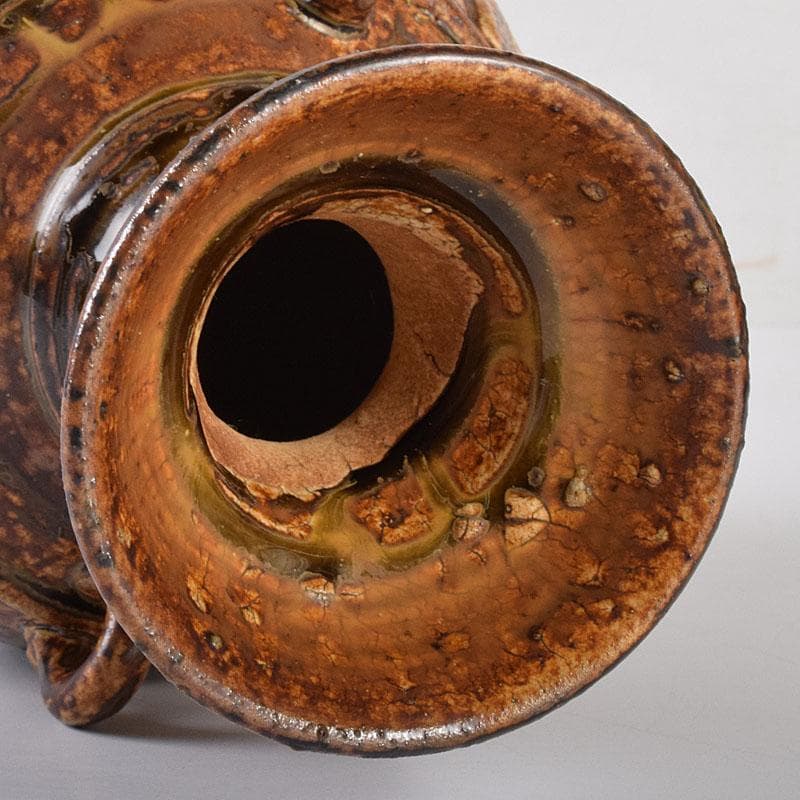 中国　遼褐釉　花文　四耳碗口壷　V　R8153