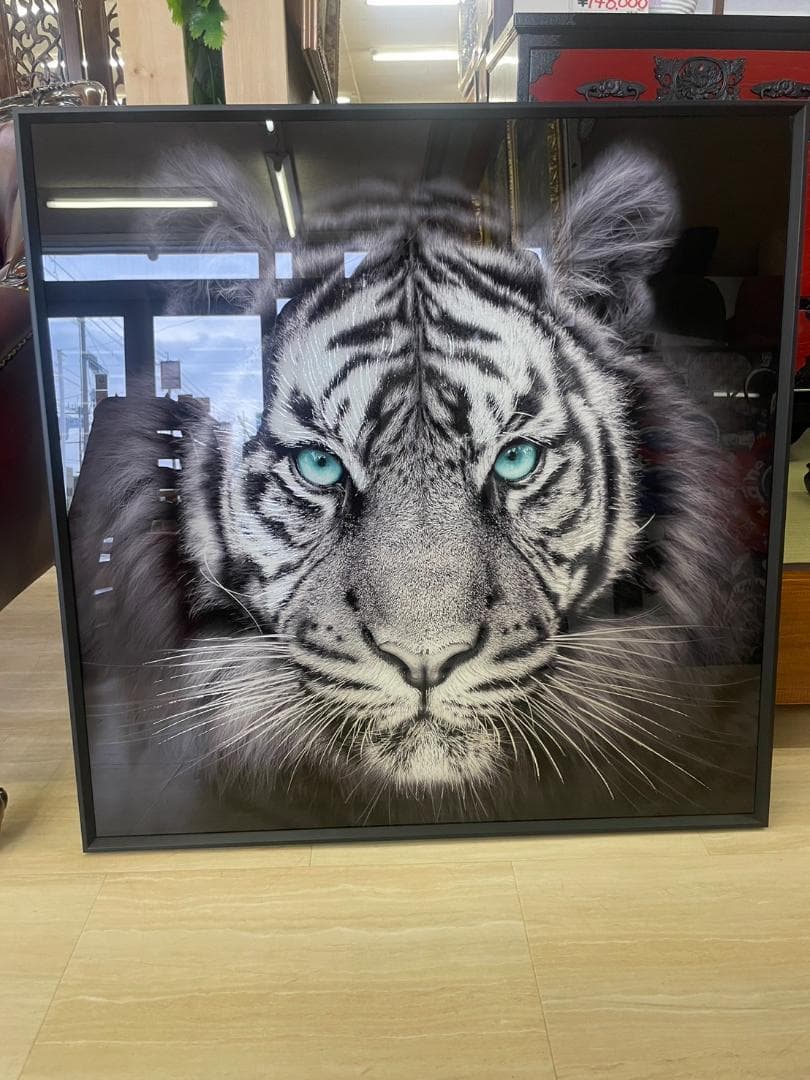 ガラスアートパネル　ホワイトタイガー　虎　トラ　寅　絵画　額縁　アートフレーム
