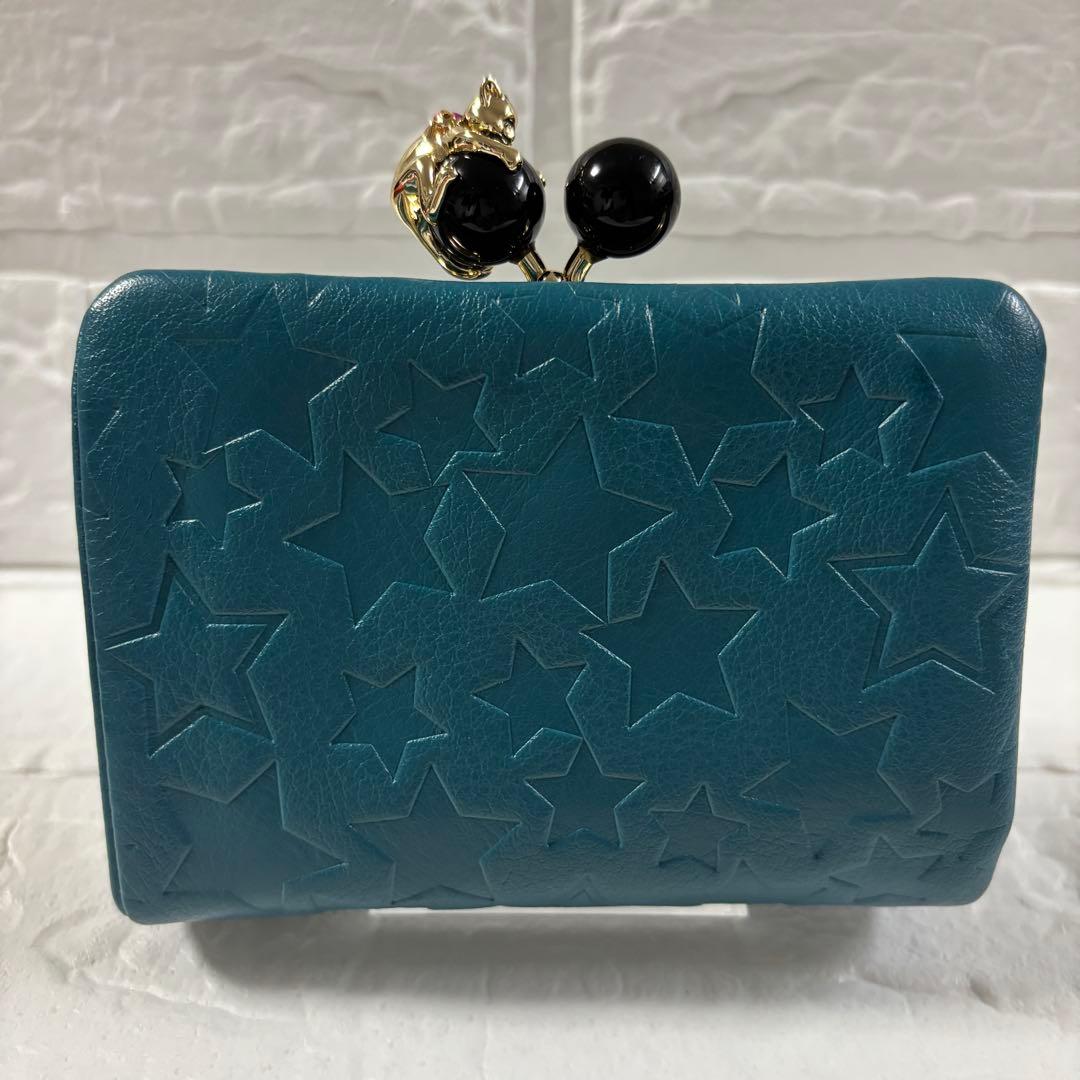 ANNA SUI プレイングキャット がま口二つ折り財布　猫 ターコイズ