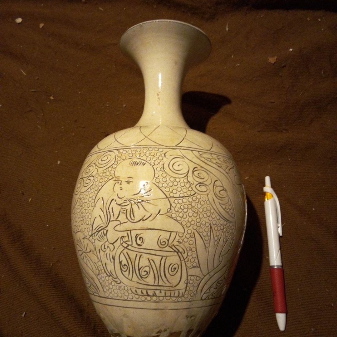 中国陶磁器　宋磁州窯　唐子長頸壺