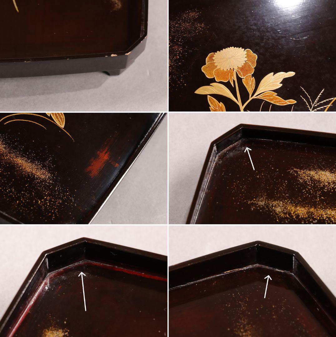 CH74 時代木製漆器 花鳥金蒔絵 黒塗吸物膳 五客 足付 隅切四方膳 盆 梨地