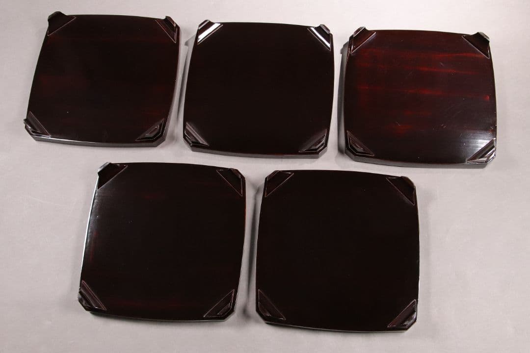 CH74 時代木製漆器 花鳥金蒔絵 黒塗吸物膳 五客 足付 隅切四方膳 盆 梨地