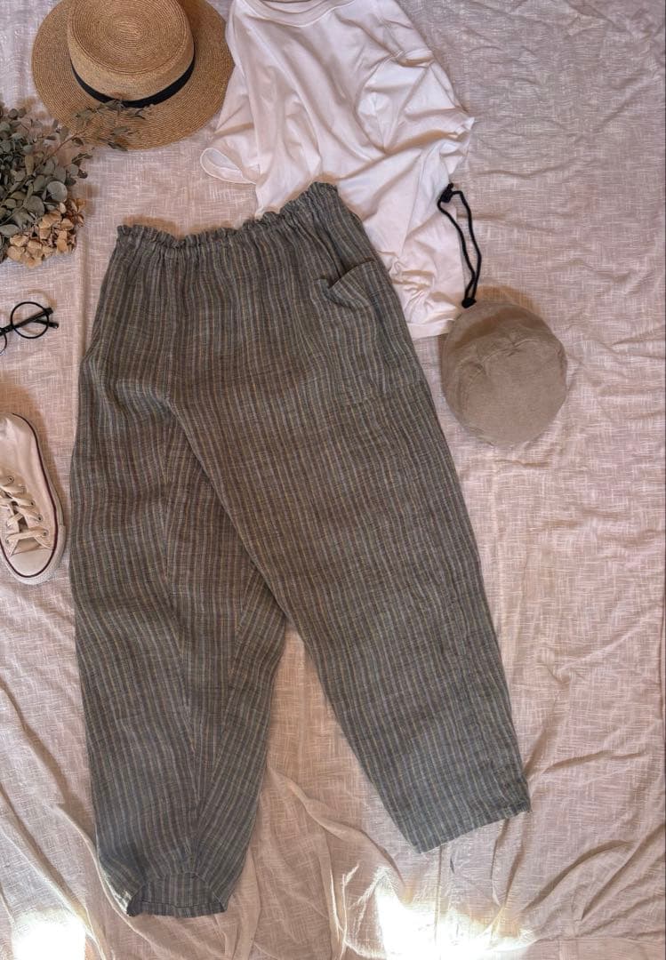 緑とグレー黄色のストライプ　JAPANリネン100% 柔らかい洗いざらしもんぺ