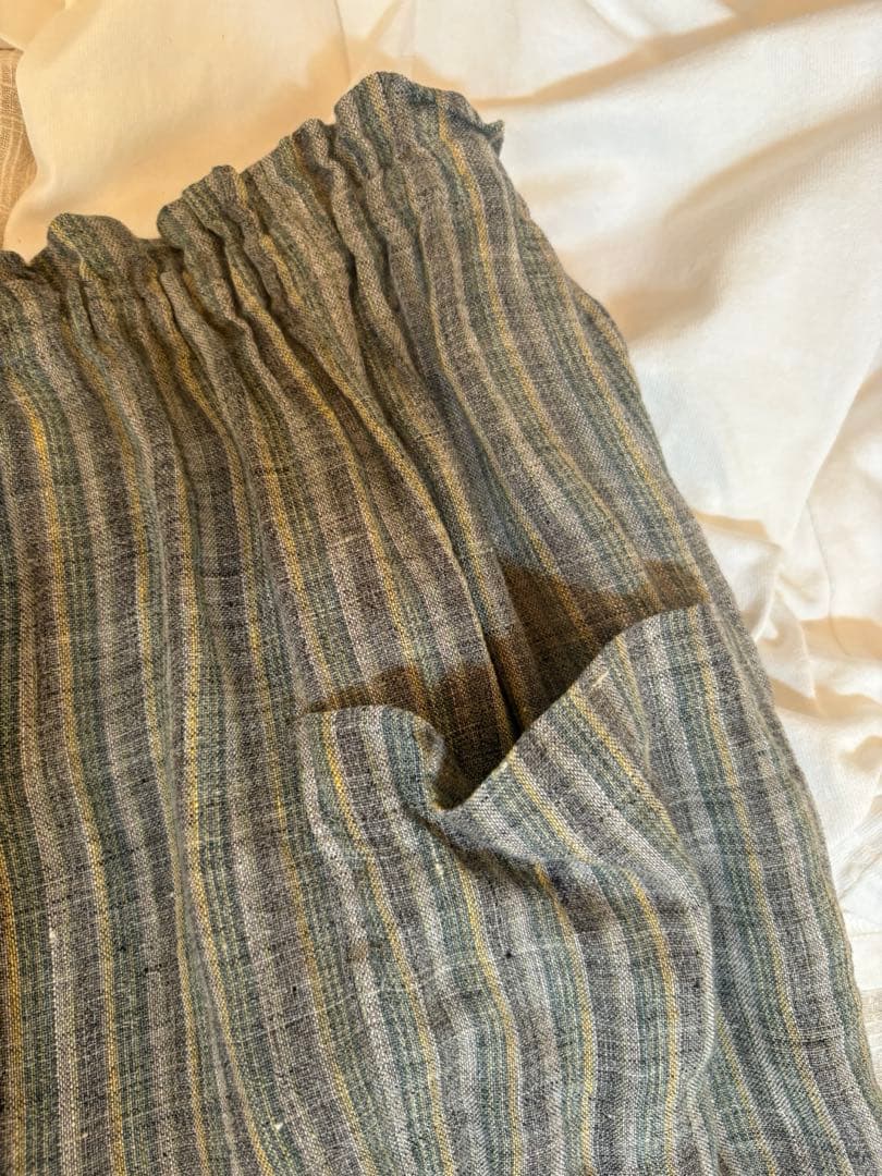 緑とグレー黄色のストライプ　JAPANリネン100% 柔らかい洗いざらしもんぺ