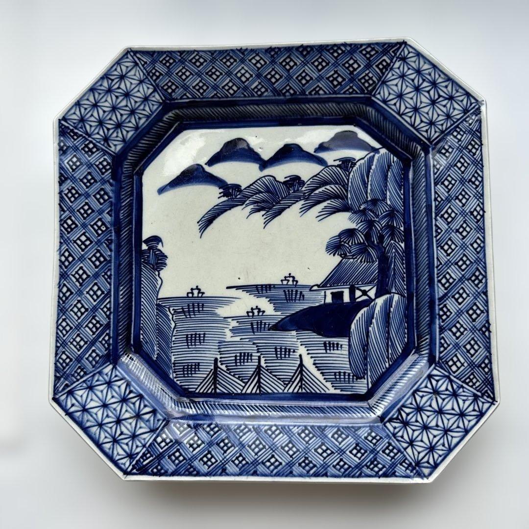 青と白の八角形皿　アンティーク　骨董　大皿