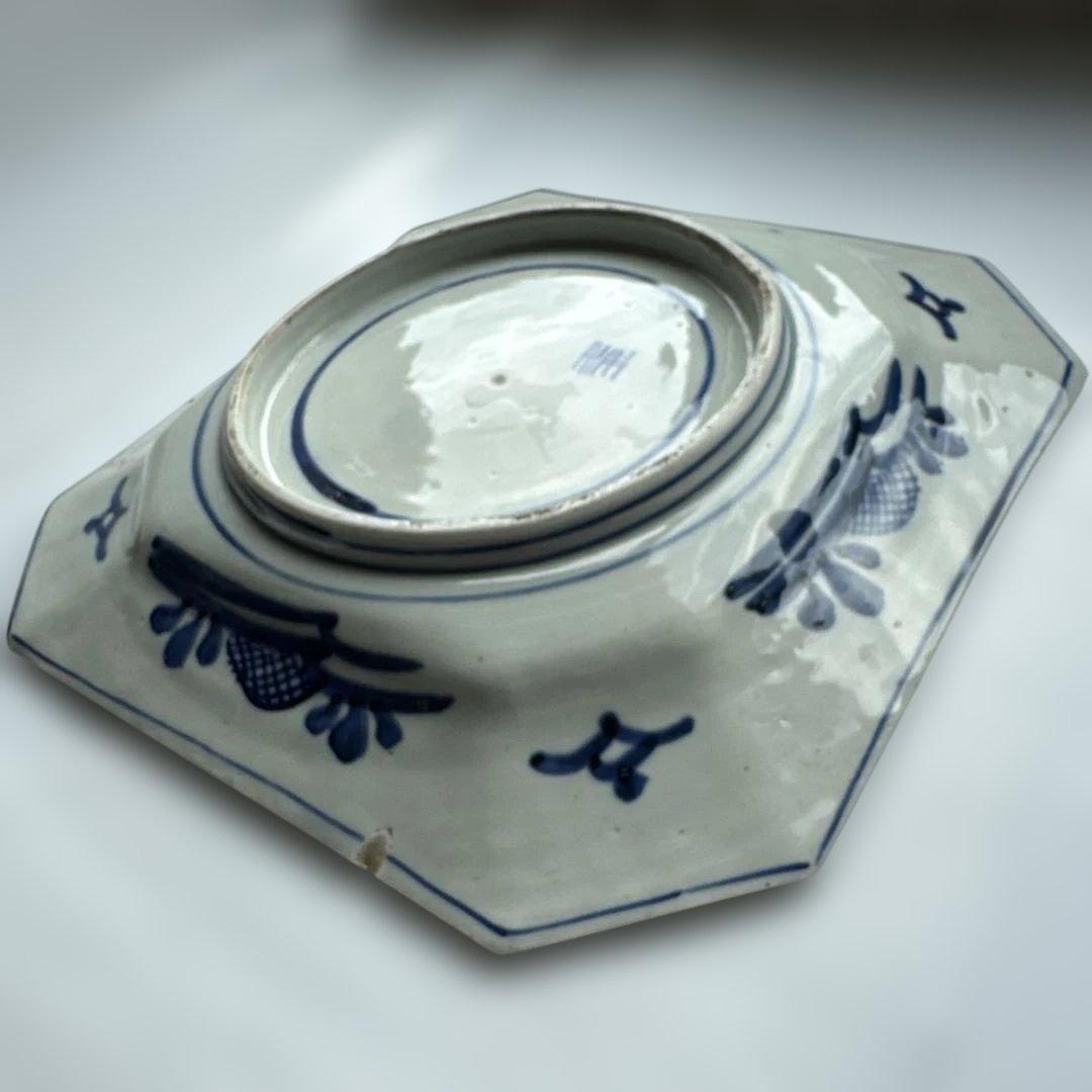 青と白の八角形皿　アンティーク　骨董　大皿