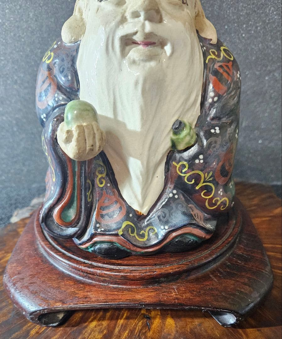 【時代古作品❗】京焼　褐色釉鉄釉色絵付 宝珠紋図柄　纏い　寿老人　唐木製台座付き