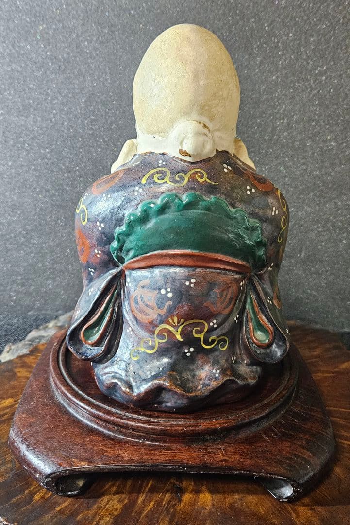 【時代古作品❗】京焼　褐色釉鉄釉色絵付 宝珠紋図柄　纏い　寿老人　唐木製台座付き