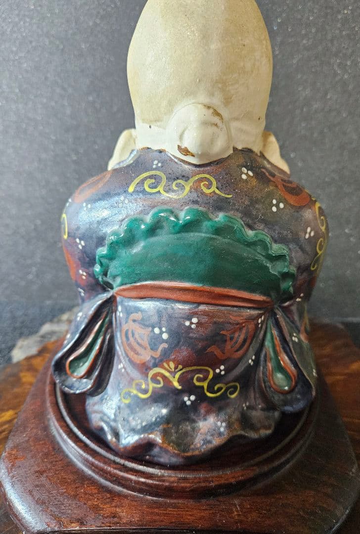 【時代古作品❗】京焼　褐色釉鉄釉色絵付 宝珠紋図柄　纏い　寿老人　唐木製台座付き