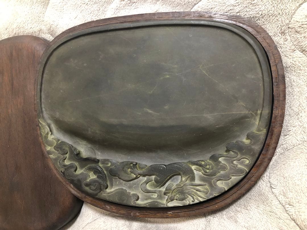 端渓硯 ◆老坑水巖・氷紋 青花・胭脂暈・金綫の極美石◆旧坑◆唐木箱◆10吋大型硯