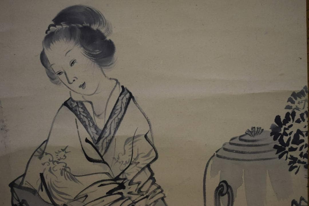 真作/古市金峨/唐美人図/絹表装/布袋屋掛軸HF-234