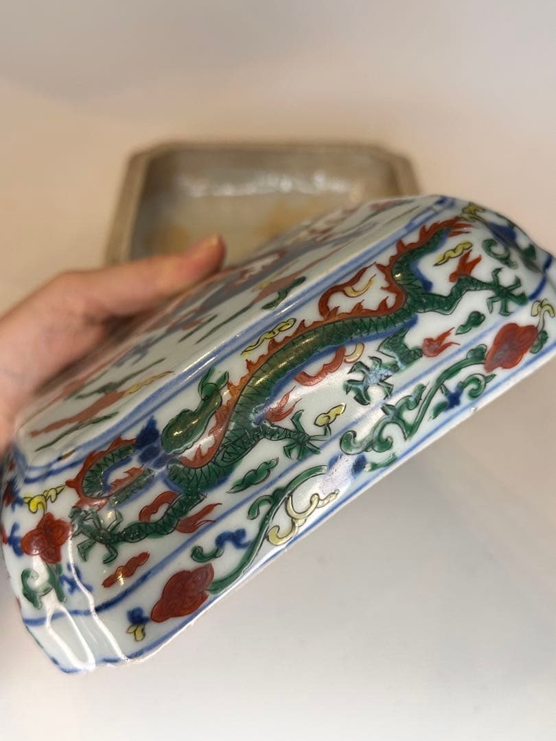 本mercy！中国 明代 大明嘉靖年製 五彩 龍文 蓋盒 四面龍文 骨董品